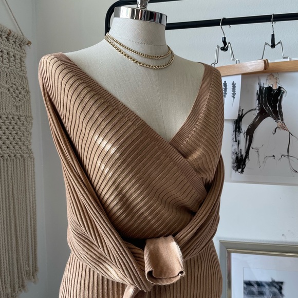 Tan ribbed cross wrap sweater dress - Picture 5 of 5